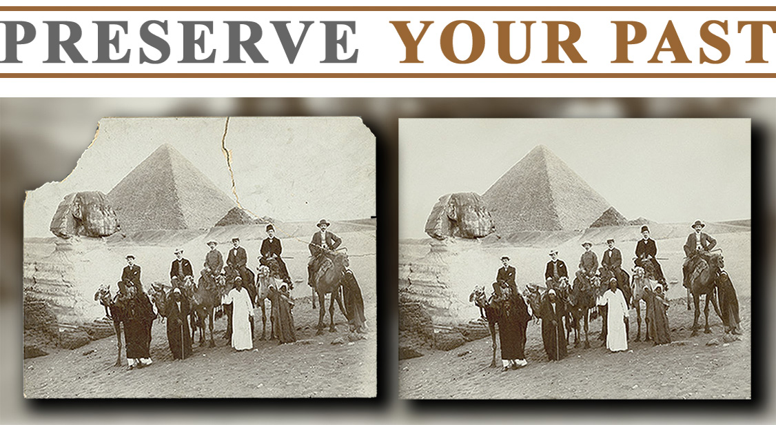 Restoration of a 19th Century travel photo of American tourists posing in front of the Sphinx and the Great Pyramid.