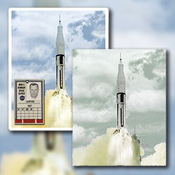 Preserving and restoraing space memorabilia, collage of Apollo 8 liftoff photo and NASA ID badge