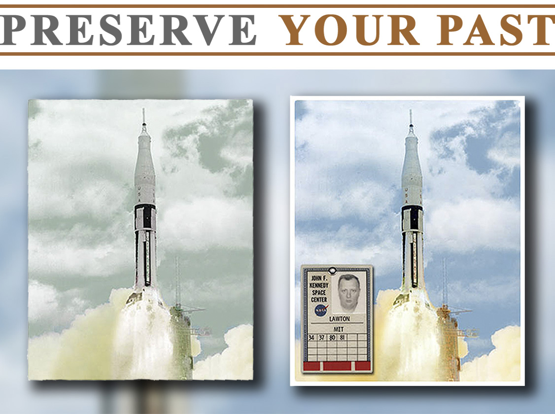 A photograph of Apollo 8 lift-off was sent along with NASA ID card belonging to one of the engineers who worked on the NASA space program to be restored and framed for an anniversary presentation. 
