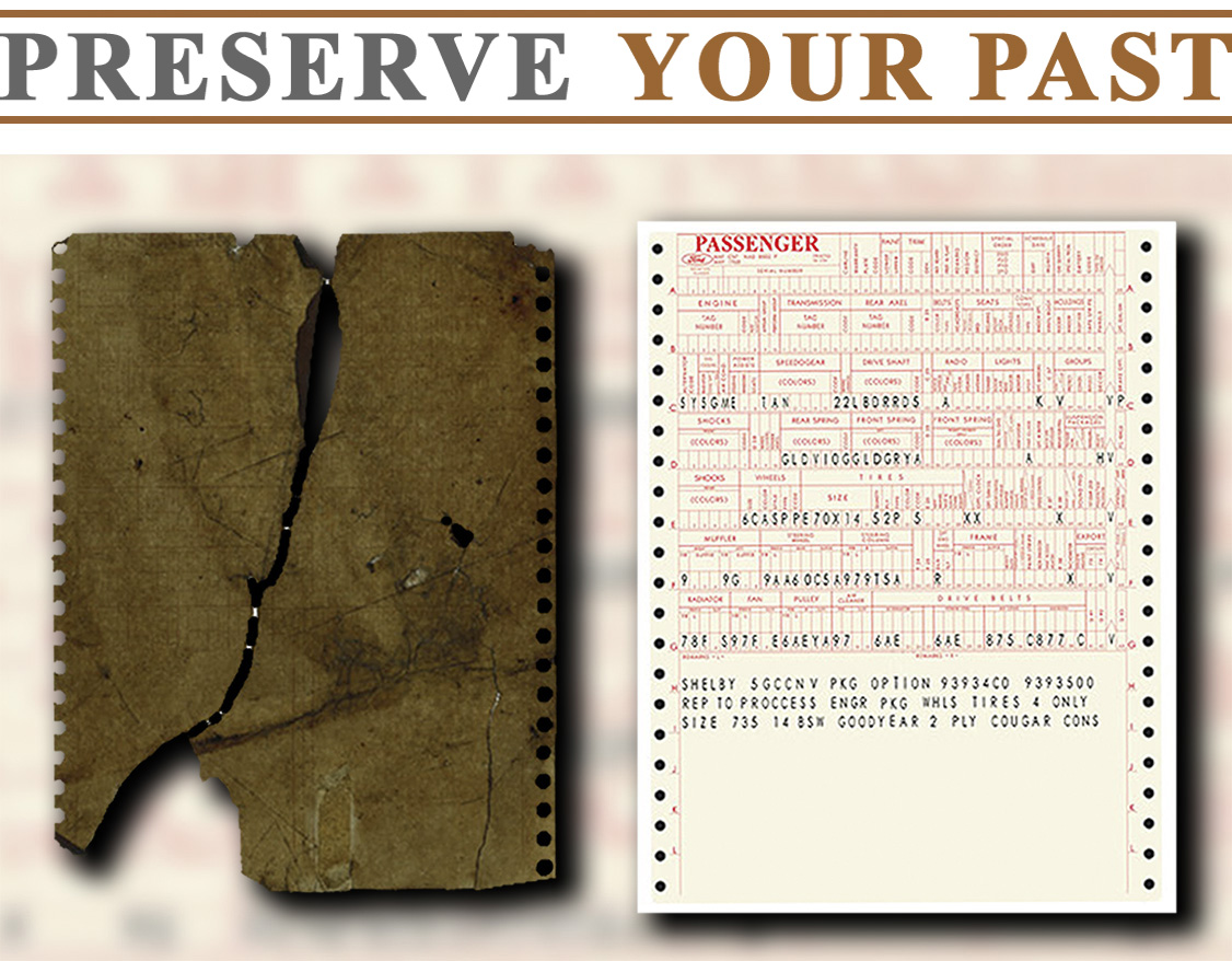 During this restoration project, a duplicate was created of an oil stained, torn and barely legible original build sheet for a very rare 1968 Shelby Convertible.