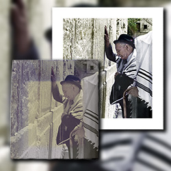 Restoration of a family heirloom photograph of a Holocaust survivor praying at a Western Wall.