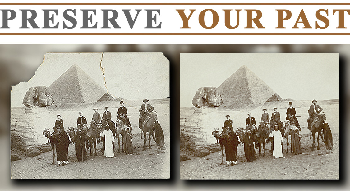 Restoration of a 19th Century travel photo of American tourists posing in front of the Sphinx and the Great Pyramid.