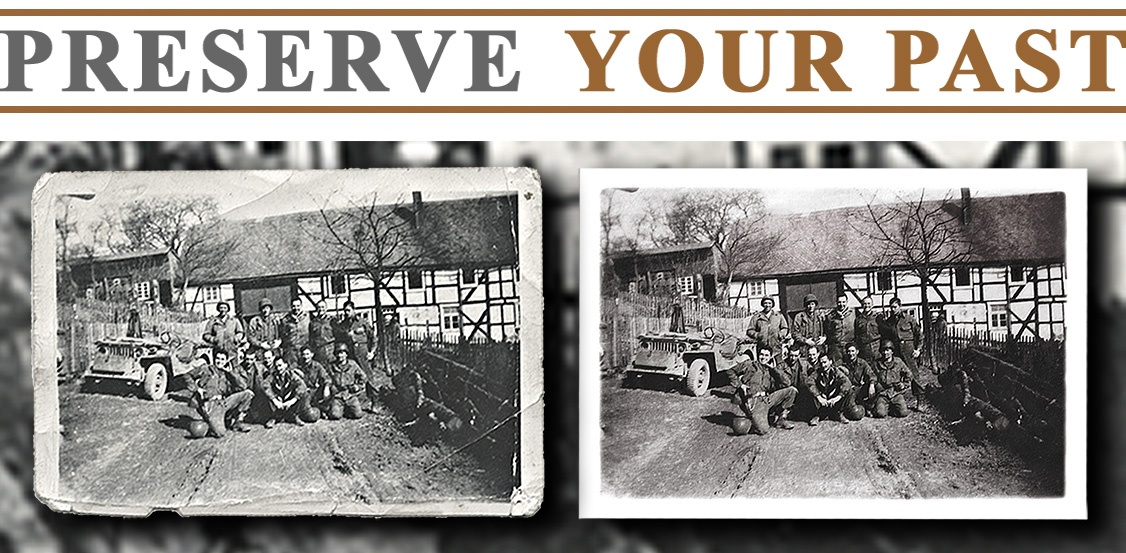 A small snapshot of a squad of American G. I.s and their faithful Willys Jeep on the road to the Rhine was carefully retouched to remove the folds, creases, and stains from the surface of the photograph. 