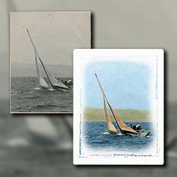 Colorizing an old photograph of a sailbot on a Upstate New York lake
