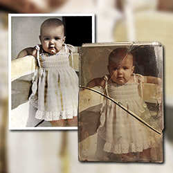 Restoration of a baby photo stuck to broken glass