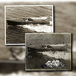 Restoration of an ink stained photographof a vintage Chris Craft speedboat