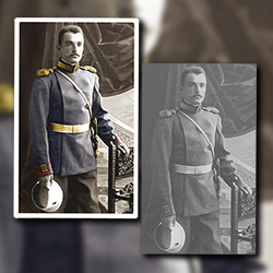 Restoration and colorizing of a vintage studio portrait of a Russian officer