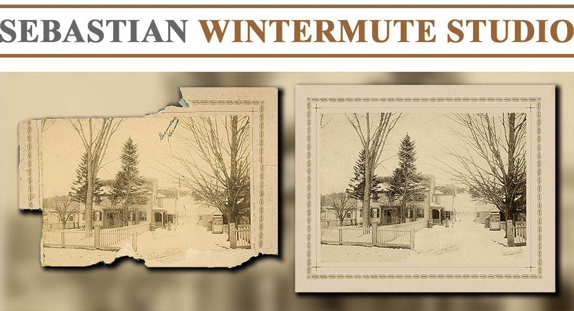 Restoration of an old photo postcard with damaged borders and missing parts.