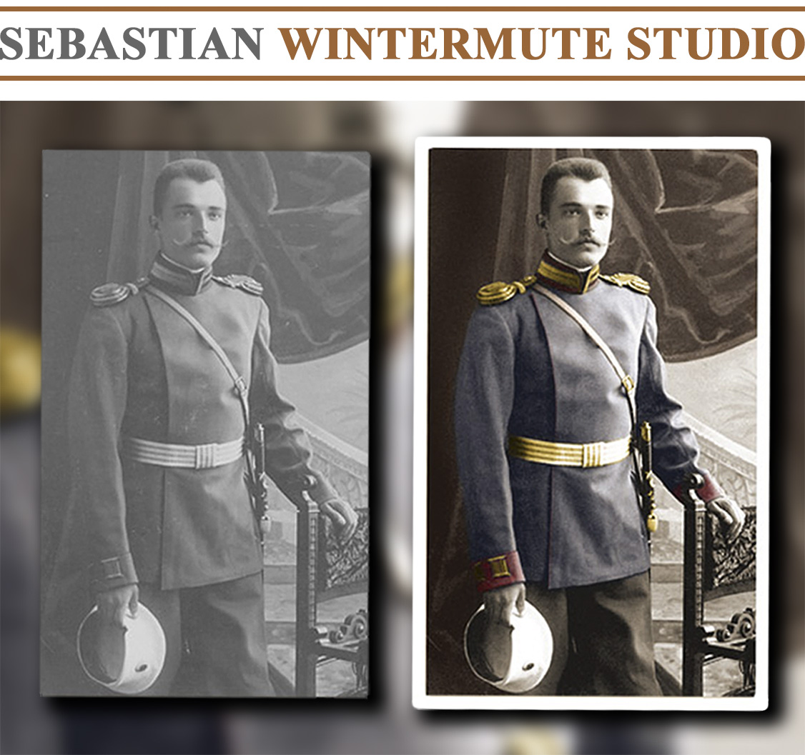 Restoration of a studio photo portrait of a Russian officer wearing a uniform of The Imperial Palace Guard with a Golden Sword